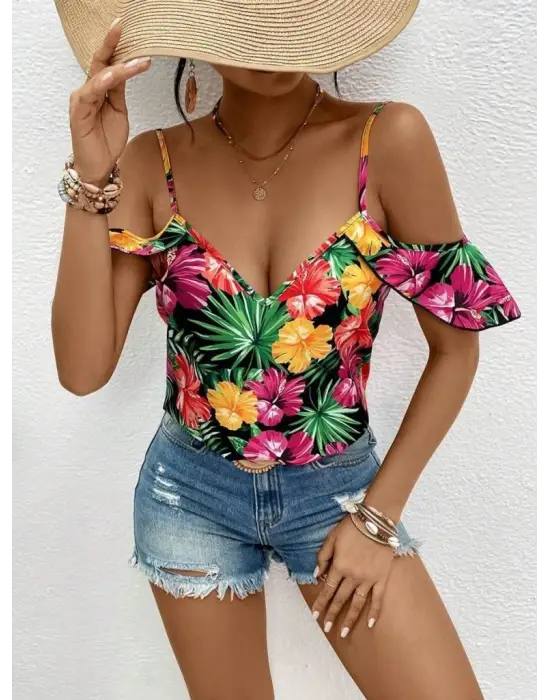 Kadın Askılı Omuzlardan Açık çiçek Baskılı Bluz