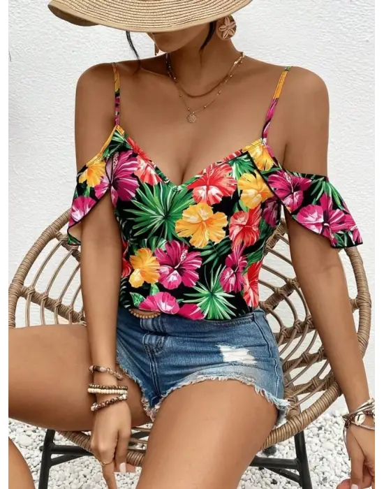 Kadın Askılı Omuzlardan Açık çiçek Baskılı Bluz