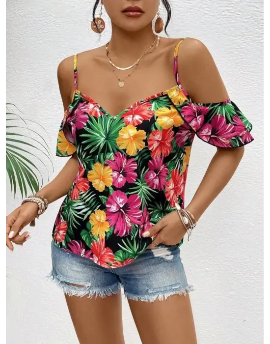 Omarı Çiçek Desenli Kadın Askılı Bluz