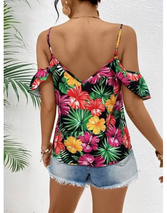 Kadın Askılı Omuzlardan Açık çiçek Baskılı Bluz