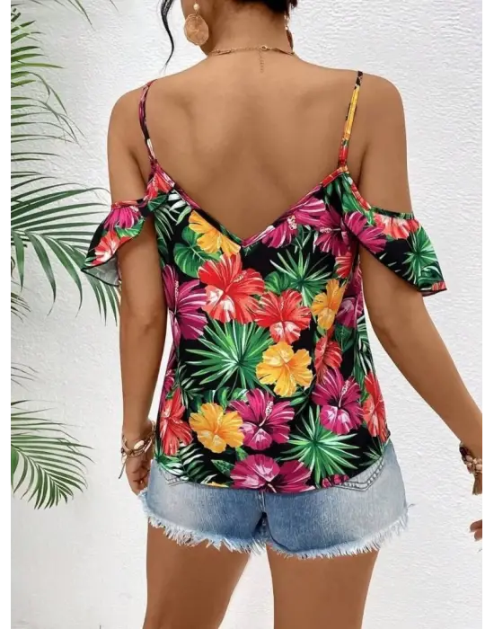 Omarı Çiçek Desenli Kadın Askılı Bluz