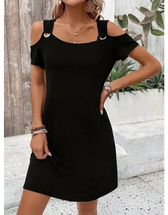 Kadın Askılı Omuzlardan Açık Kısa Kollu Kuş Gözü Detaylı Viskon Elbise