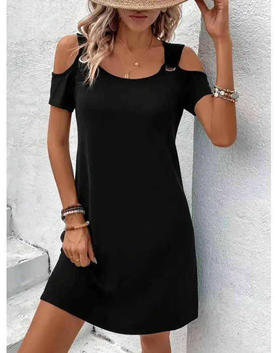 Kadın Askılı Omuzlardan Açık Kısa Kollu Kuş Gözü Detaylı Viskon Elbise