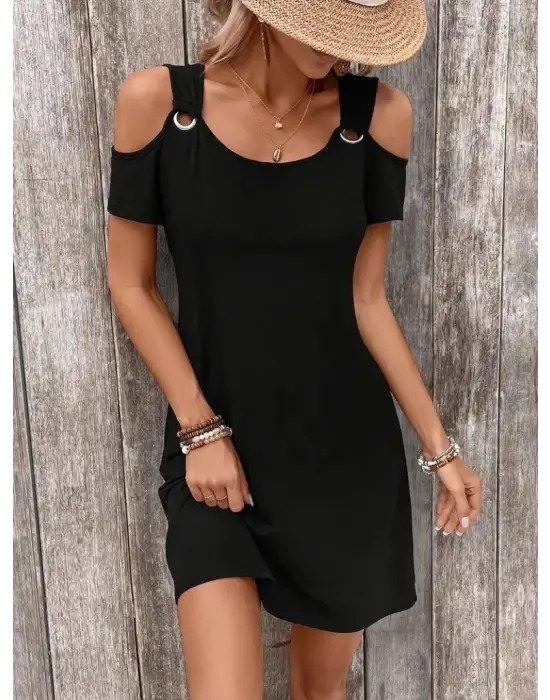 Kadın Askılı Omuzlardan Açık Kısa Kollu Kuş Gözü Detaylı Viskon Elbise