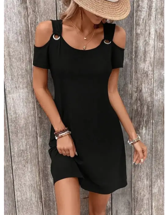 Kadın Askılı Omuzlardan Açık Kısa Kollu Kuş Gözü Detaylı Viskon Elbise