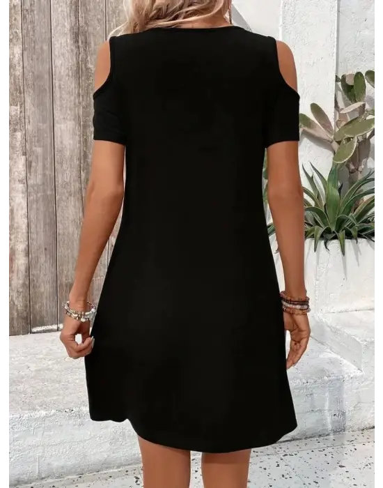 Kadın Askılı Omuzlardan Açık Kısa Kollu Kuş Gözü Detaylı Viskon Elbise