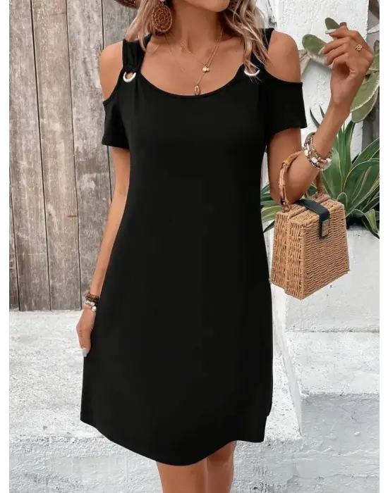 Kadın Askılı Omuzlardan Açık Kısa Kollu Kuş Gözü Detaylı Viskon Elbise