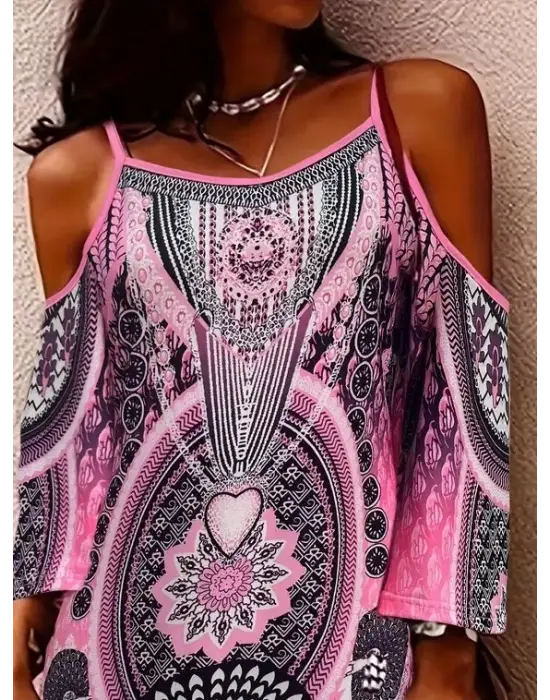 Kadın Askılı Omuzlardan Açık Truvakar Kol Desenli Kısa Süprem Elbise