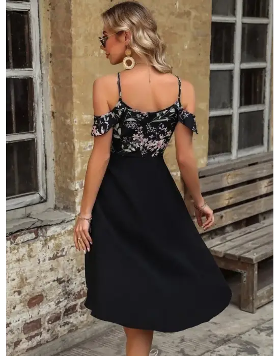 Kadın Askılı Omuzlardan Açık üst Süprem Alt Ithal Krep Elbise