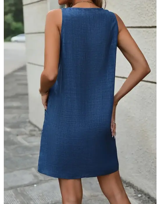 Kadın Askılı Omuzlardan Düğmeli Yuvarlak Yaka Cepli Keten Elbise