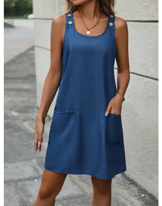 Kadın Askılı Omuzlardan Düğmeli Yuvarlak Yaka Cepli Keten Elbise