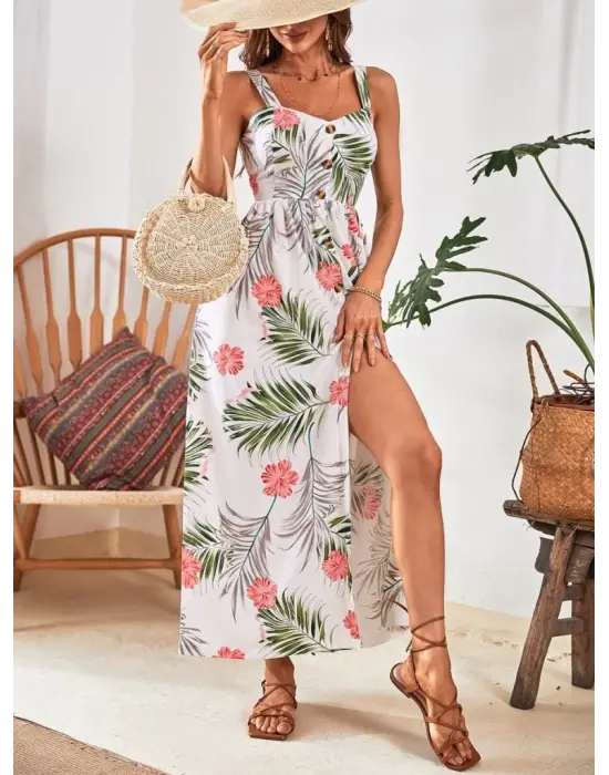 Kadın Askılı önden Düğmeli Yaprak Desenli Uzun Süprem Elbise