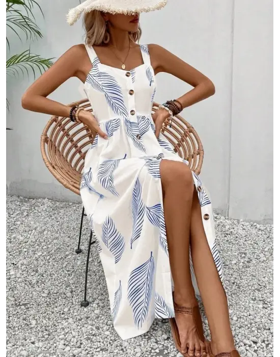 Kadın Askılı önden Düğmeli Yaprak Desenli Uzun Süprem Elbise