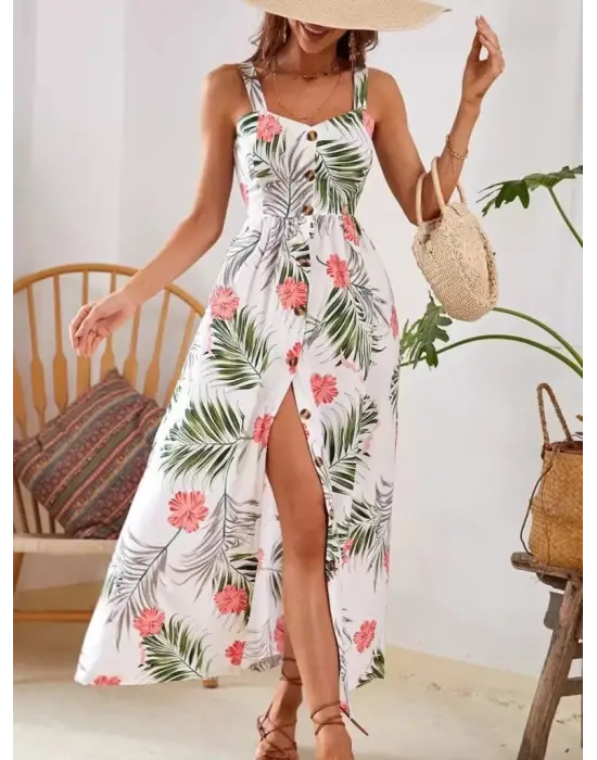 Kadın Askılı önden Düğmeli Yaprak Desenli Uzun Süprem Elbise