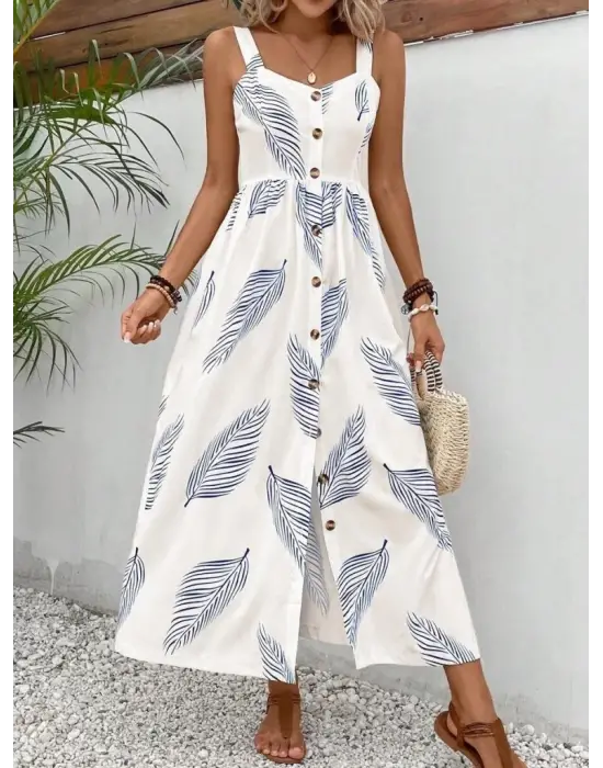 Kadın Askılı önden Düğmeli Yaprak Desenli Uzun Süprem Elbise