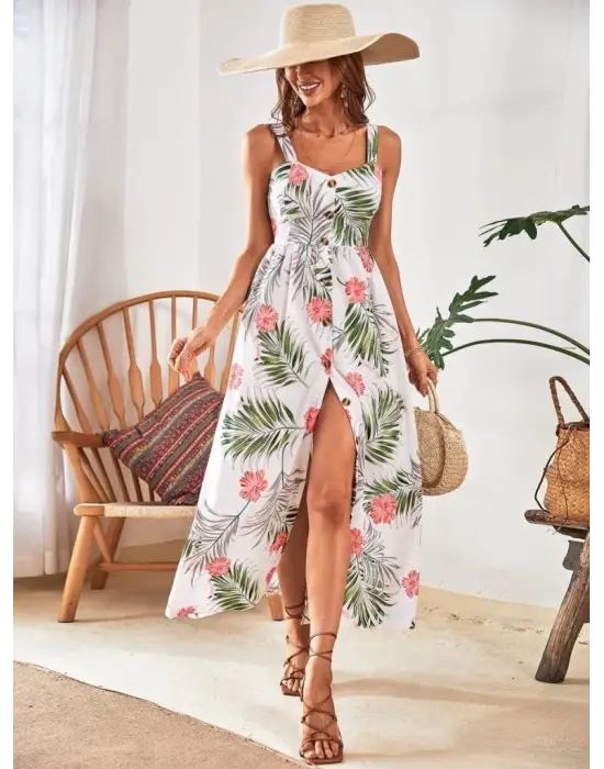 Kadın Askılı önden Düğmeli Yaprak Desenli Uzun Süprem Elbise