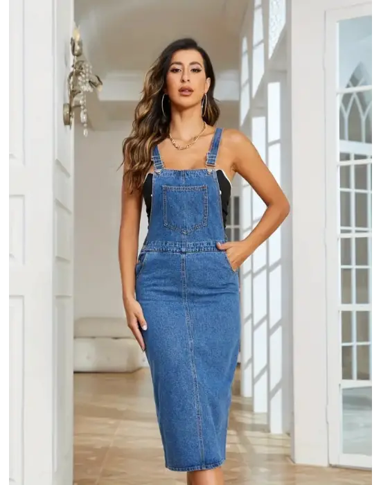 Kadın Askılı önü Cepli Diz Altı Kot Salopet