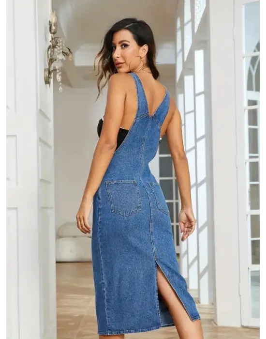 Kadın Askılı önü Cepli Diz Altı Kot Salopet