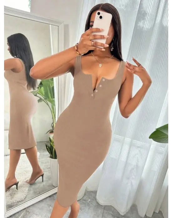 Kadın Askılı önü Düğmeli Midi Kaşkorse Elbise