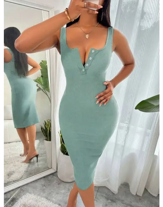 Omarı Asimetrik Kesimli Kadın Askılı Midi Elbise