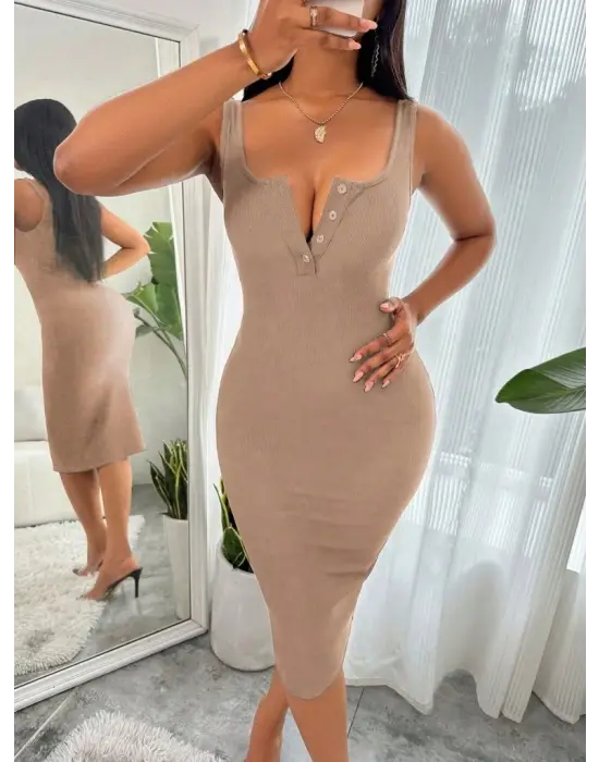 Kadın Askılı önü Düğmeli Midi Kaşkorse Elbise