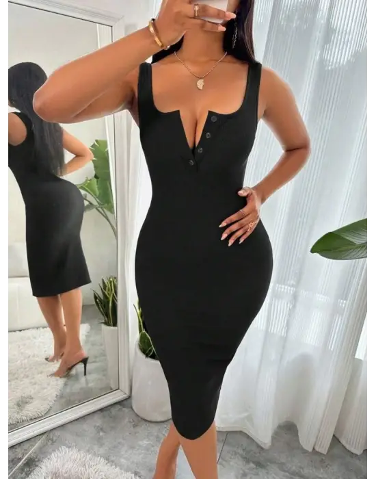 Omarı Şık ve Rahat Askılı Midi Kaşkorse Elbise