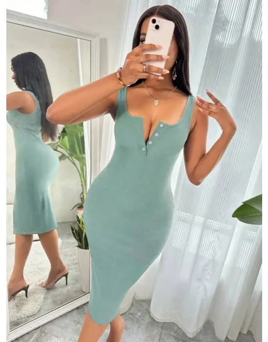 Kadın Askılı önü Düğmeli Midi Kaşkorse Elbise