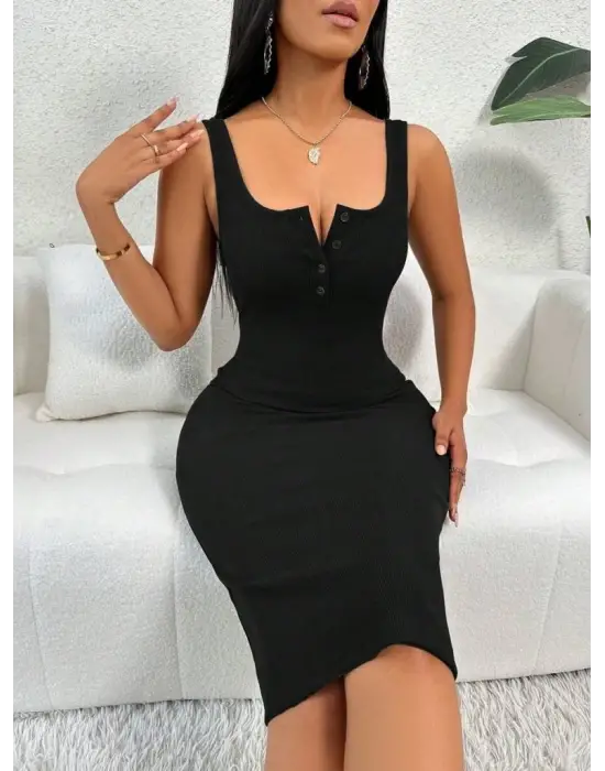 Omarı Şık ve Rahat Askılı Midi Kaşkorse Elbise