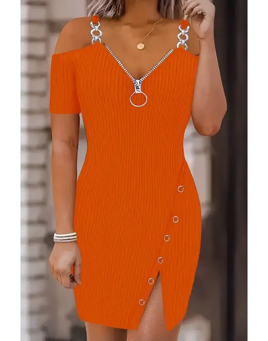 Omarı Asimetrik Kesimli Kalın Fitilli Kaşkorse Elbise