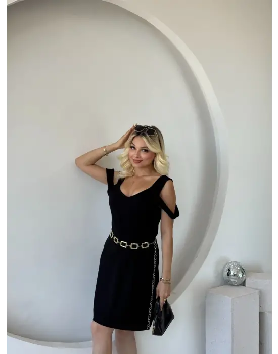 Kadın Askılı Soğuk Omuz Detaylı Modal Elbise