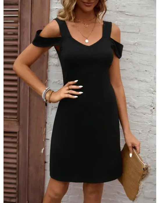 Kadın Askılı Soğuk Omuz Detaylı Modal Elbise