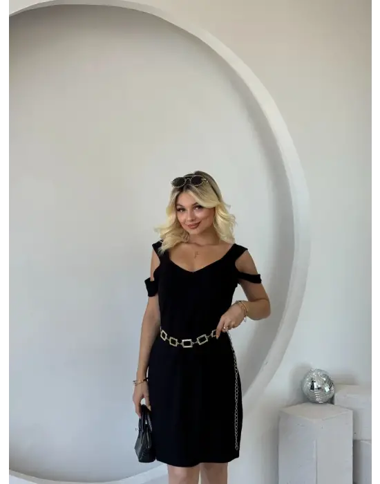 Kadın Askılı Soğuk Omuz Detaylı Modal Elbise