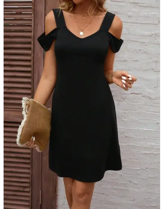 Kadın Askılı Soğuk Omuz Detaylı Modal Elbise