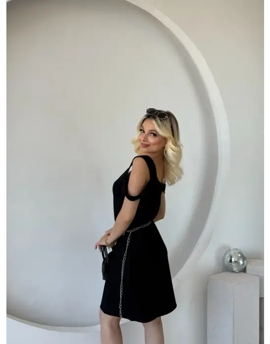 Kadın Askılı Soğuk Omuz Detaylı Modal Elbise