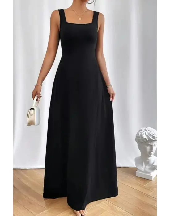 Kadın Askılı U Yaka Janjan Krep Elbise