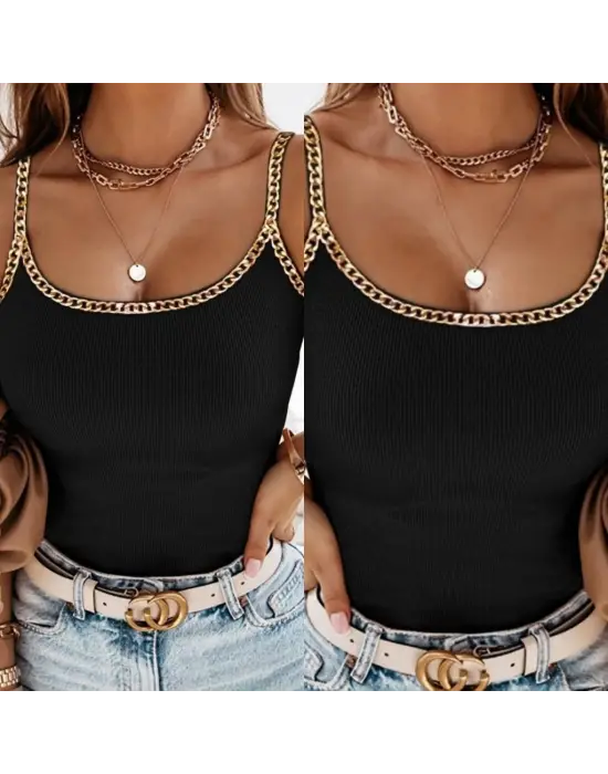 Kadın Askılı U Yaka Zincir şeritli Kaşkorse Bluz