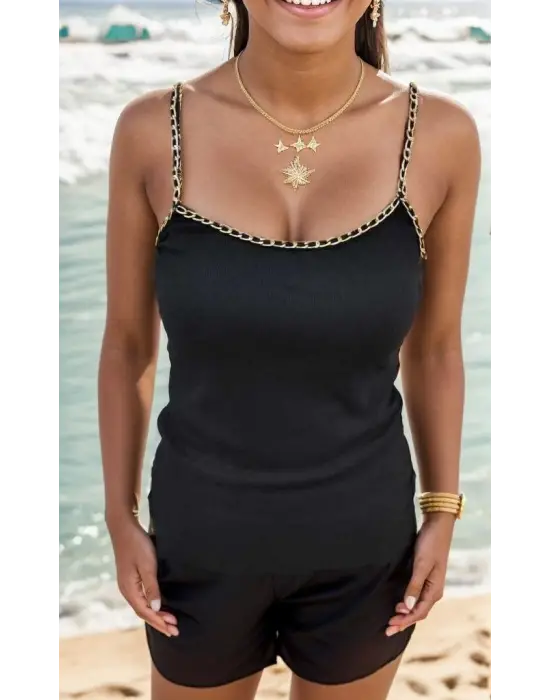 Kadın Askılı U Yaka Zincir şeritli Kaşkorse Bluz