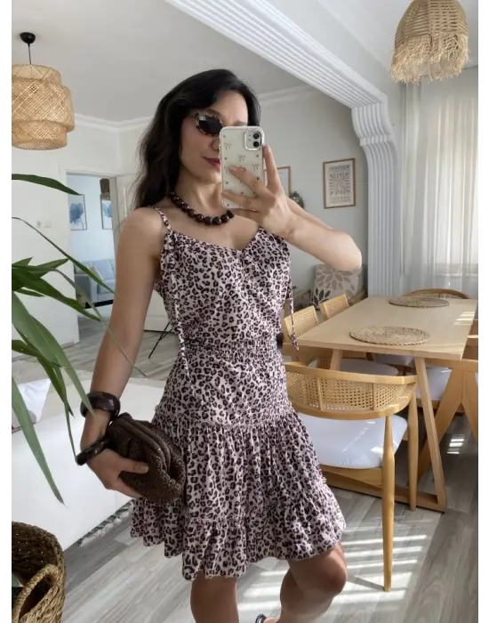 Omarı Trendy Leopar Desenli Beli Pileli Eteğe Sahip V Yaka Elbise