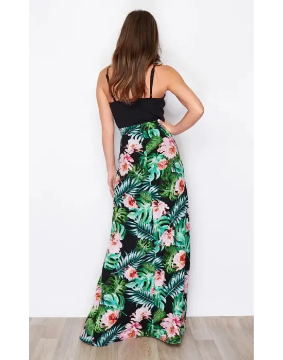 Kadın Askılı V Yaka Eteği Dijital Baskılı çiçek Desenli Yırtmaçlı Mikro Kumaş Elbise