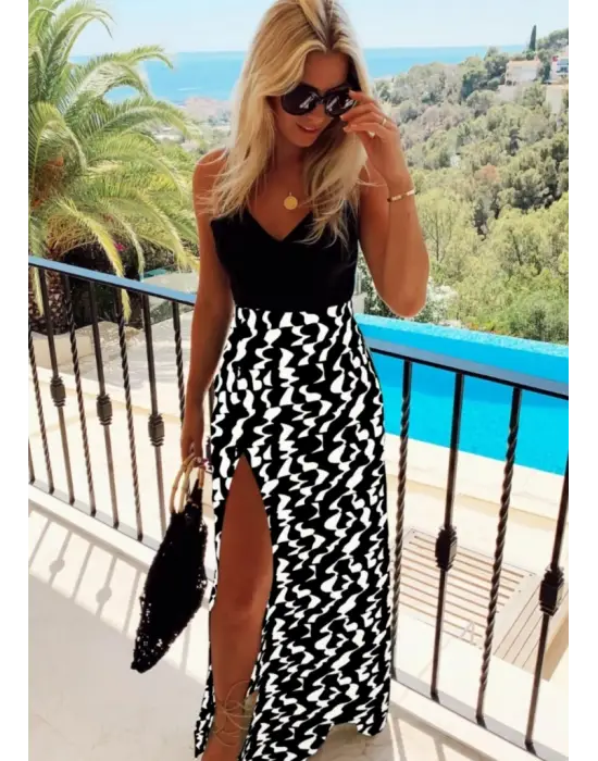 Kadın Askılı V Yaka Eteği Dijital Baskılı Dalmaçya Desen Yırtmaçlı Mikro Kumaş Elbise