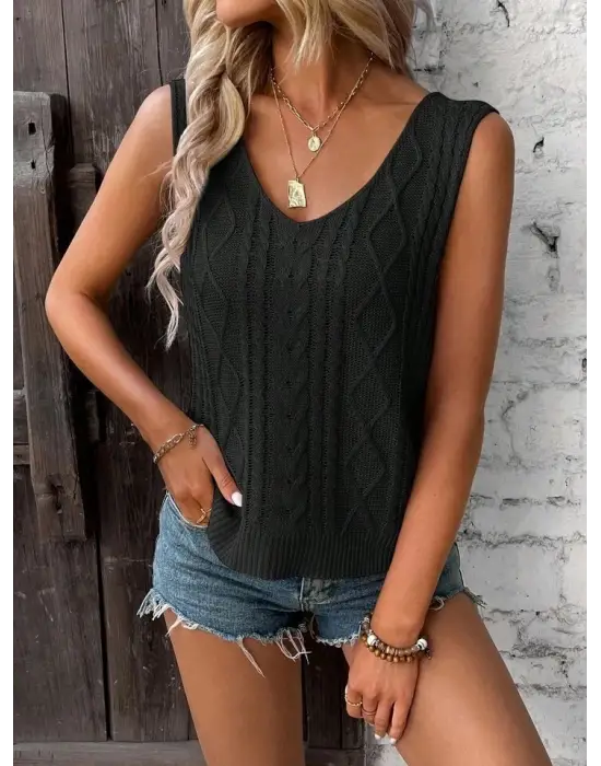 Kadın Askılı V Yaka örme Detay Triko Bluz