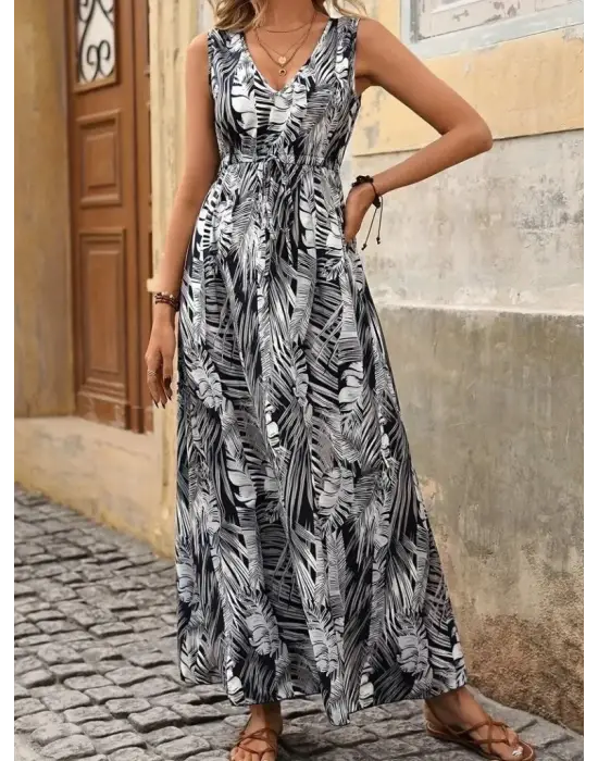 Kadın Askılı V Yakalı Belden Bağcıklı Geniş Kesim Desenli Süprem Elbise