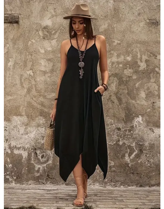 Kadın Askılı V Yakalı Cep Detaylı Asimetrik Kesim Detaylı Viskon Elbise