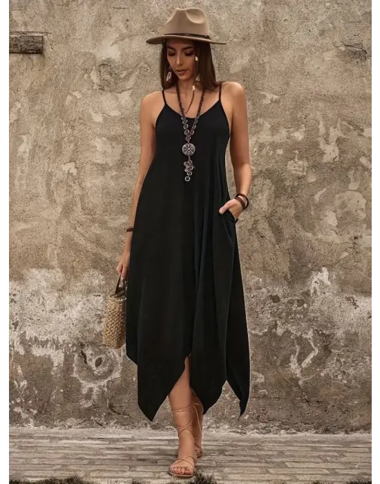 Omarı V Yakalı Asimetrik Kesim Kadın Elbisesi