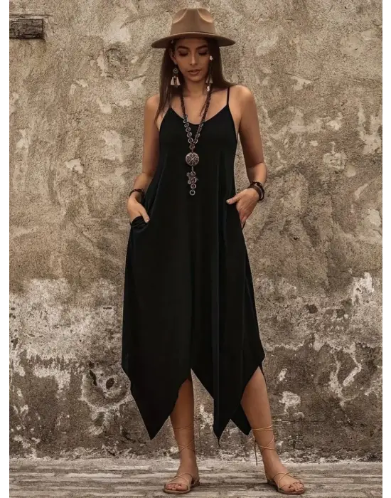 Kadın Askılı V Yakalı Cep Detaylı Asimetrik Kesim Detaylı Viskon Elbise