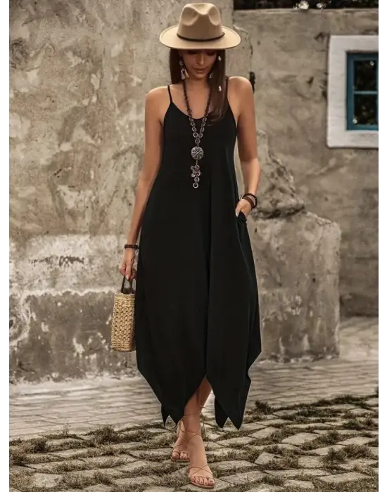 Kadın Askılı V Yakalı Cep Detaylı Asimetrik Kesim Detaylı Viskon Elbise