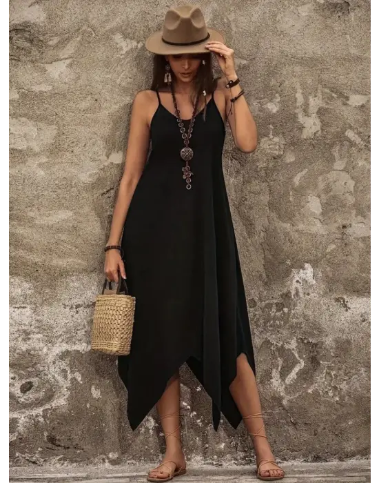 Kadın Askılı V Yakalı Cep Detaylı Asimetrik Kesim Detaylı Viskon Elbise