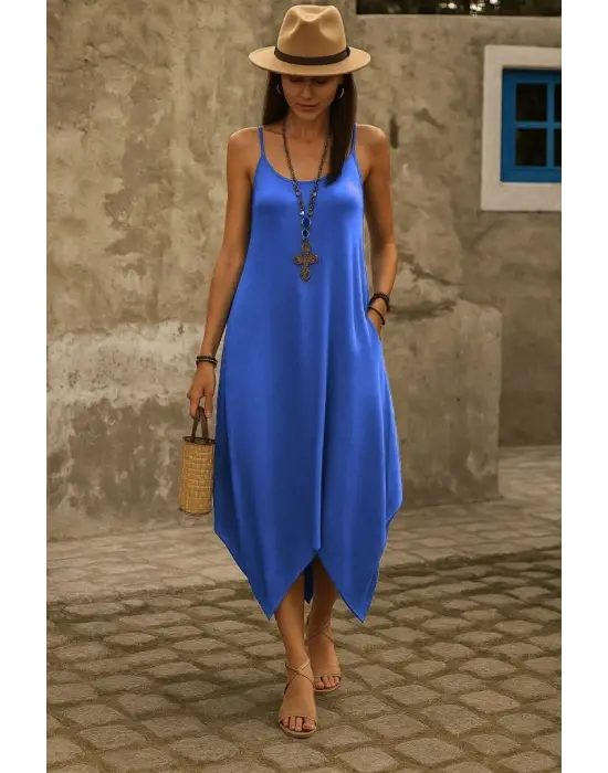 Kadın Askılı V Yakalı Cep Detaylı Asimetrik Kesim Viskon Elbise