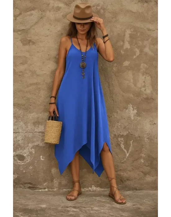 Kadın Askılı V Yakalı Cep Detaylı Asimetrik Kesim Viskon Elbise