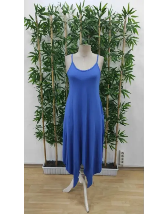 Kadın Askılı V Yakalı Cep Detaylı Asimetrik Kesim Viskon Elbise